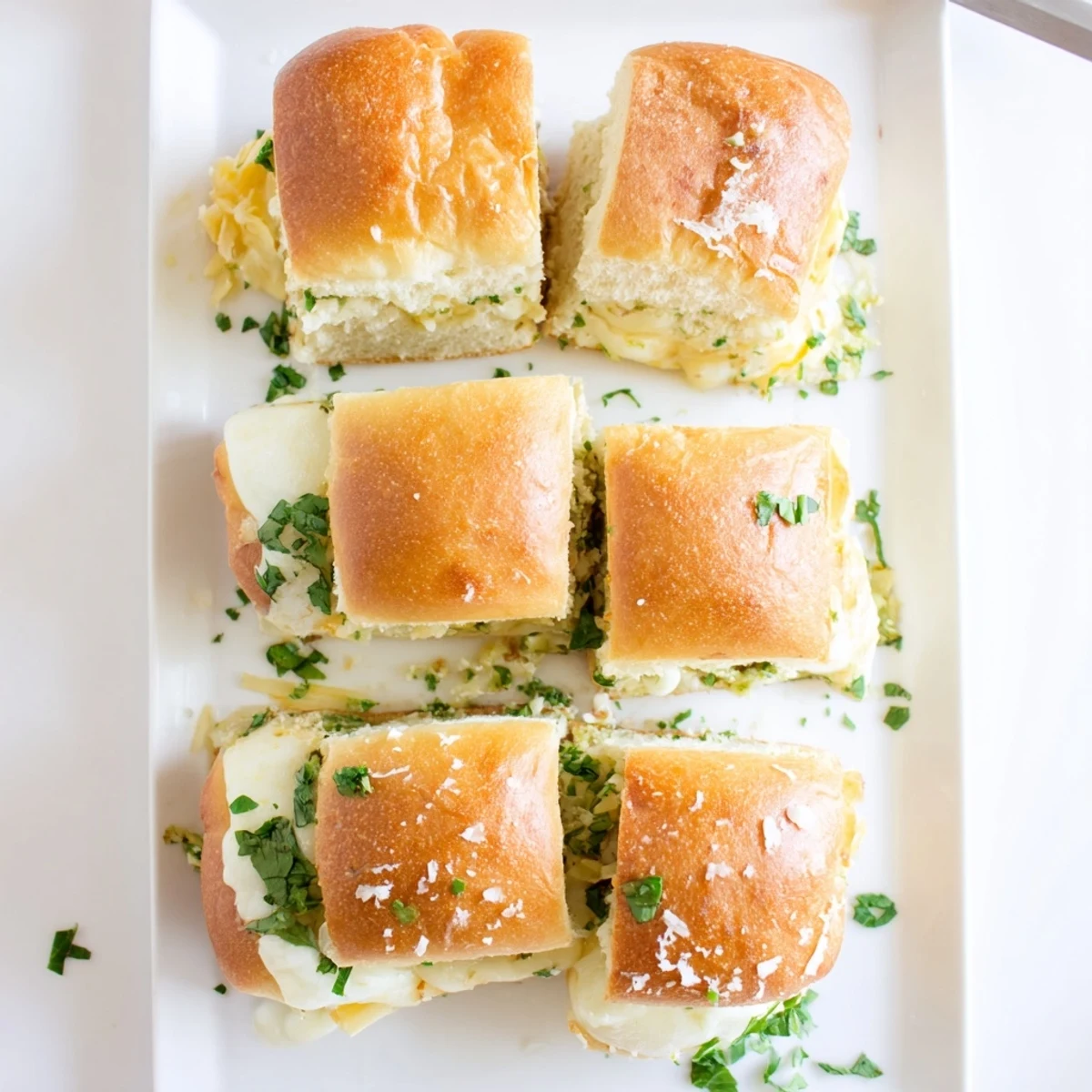 Golden mini grilled cheese Hawaiian rolls with melted mozzarella and cheddar on a baking sheet