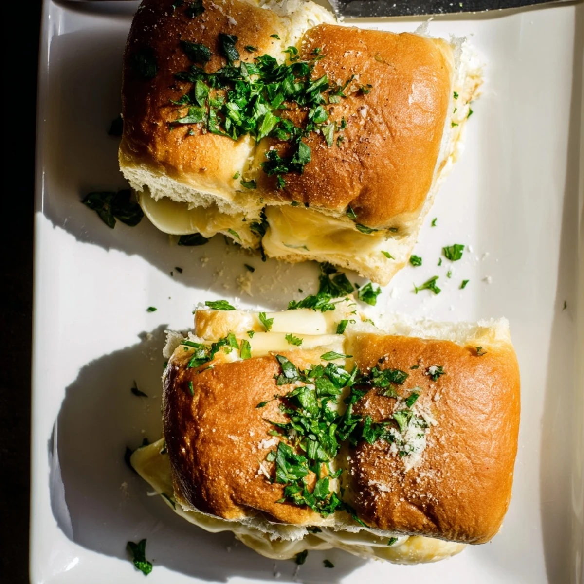 Bite-sized Hawaiian sweet roll sliders stuffed with gooey cheese and brushed with garlic butter