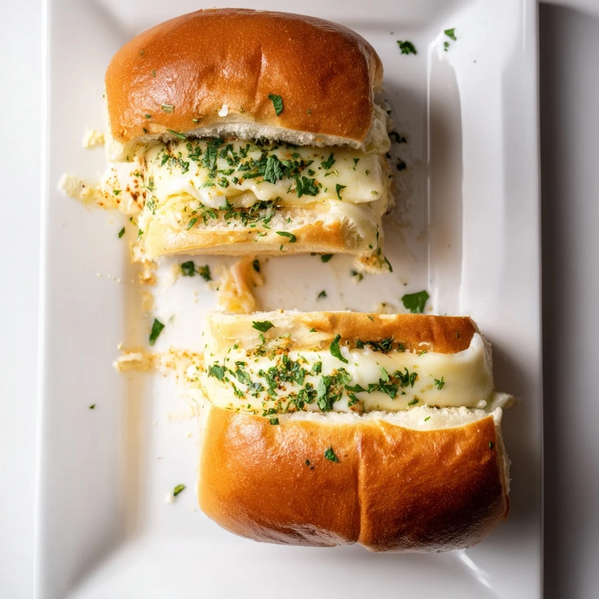 Pan of toasted mini grilled cheese Hawaiian rolls with golden tops and melted cheese layers