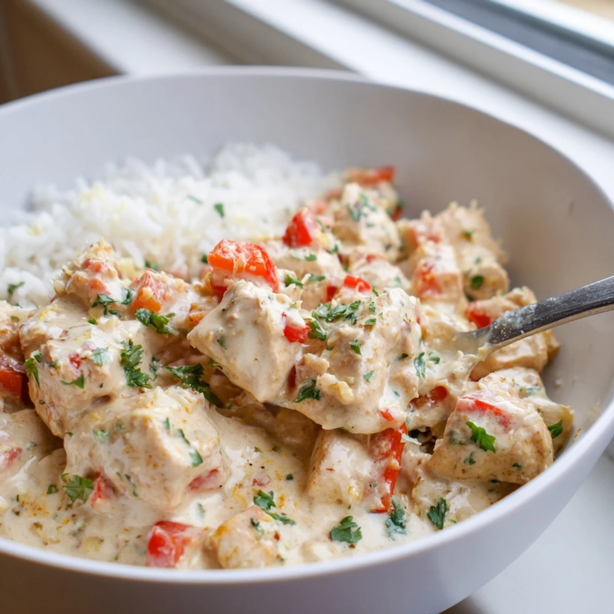 Creamy Cajun chicken rice bowls featuring tender spiced chicken in rich sauce over fluffy white rice with colorful diced bell peppers