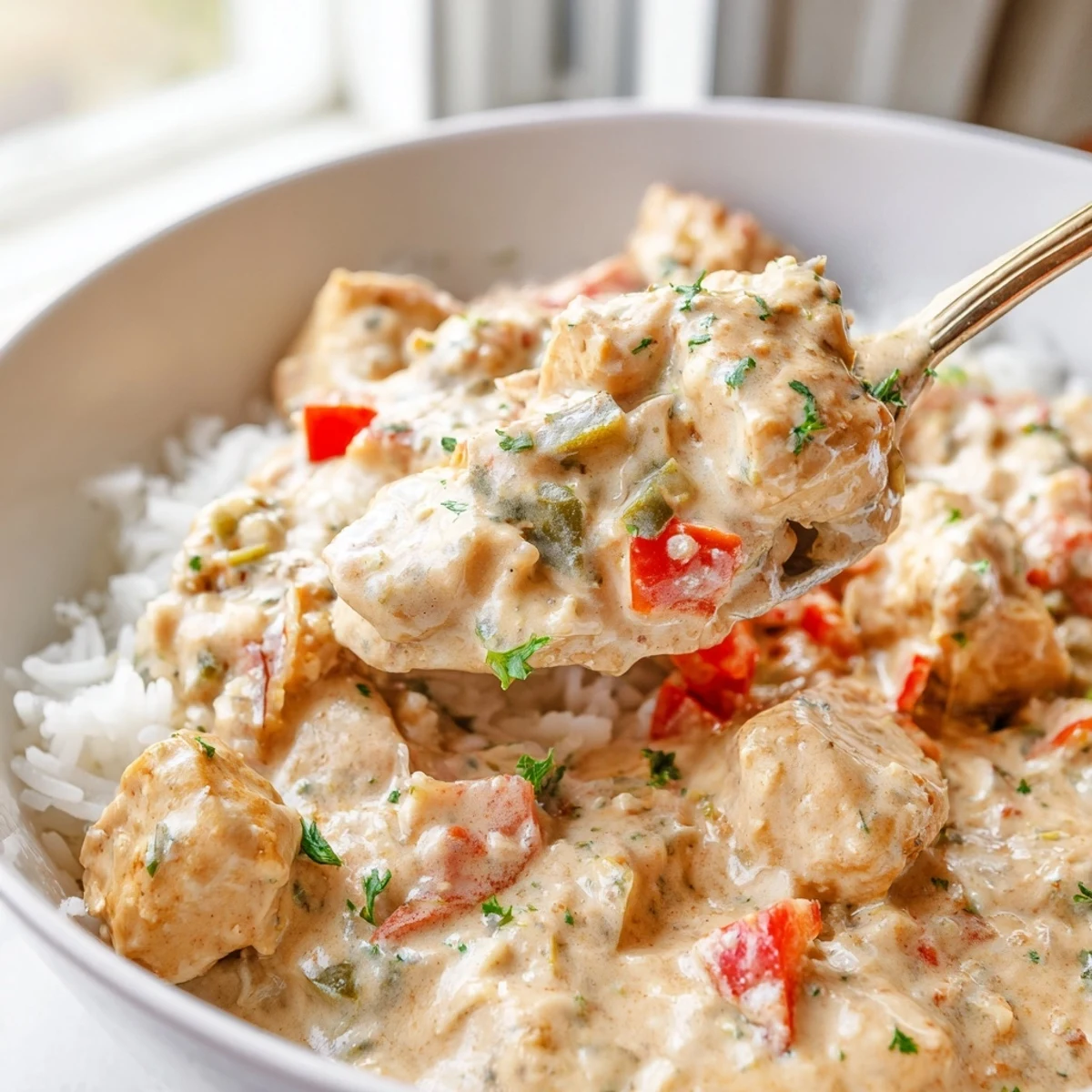 Spoonful of creamy Cajun chicken rice bowls showcasing golden brown chicken pieces coated in spicy sauce alongside red and green vegetables