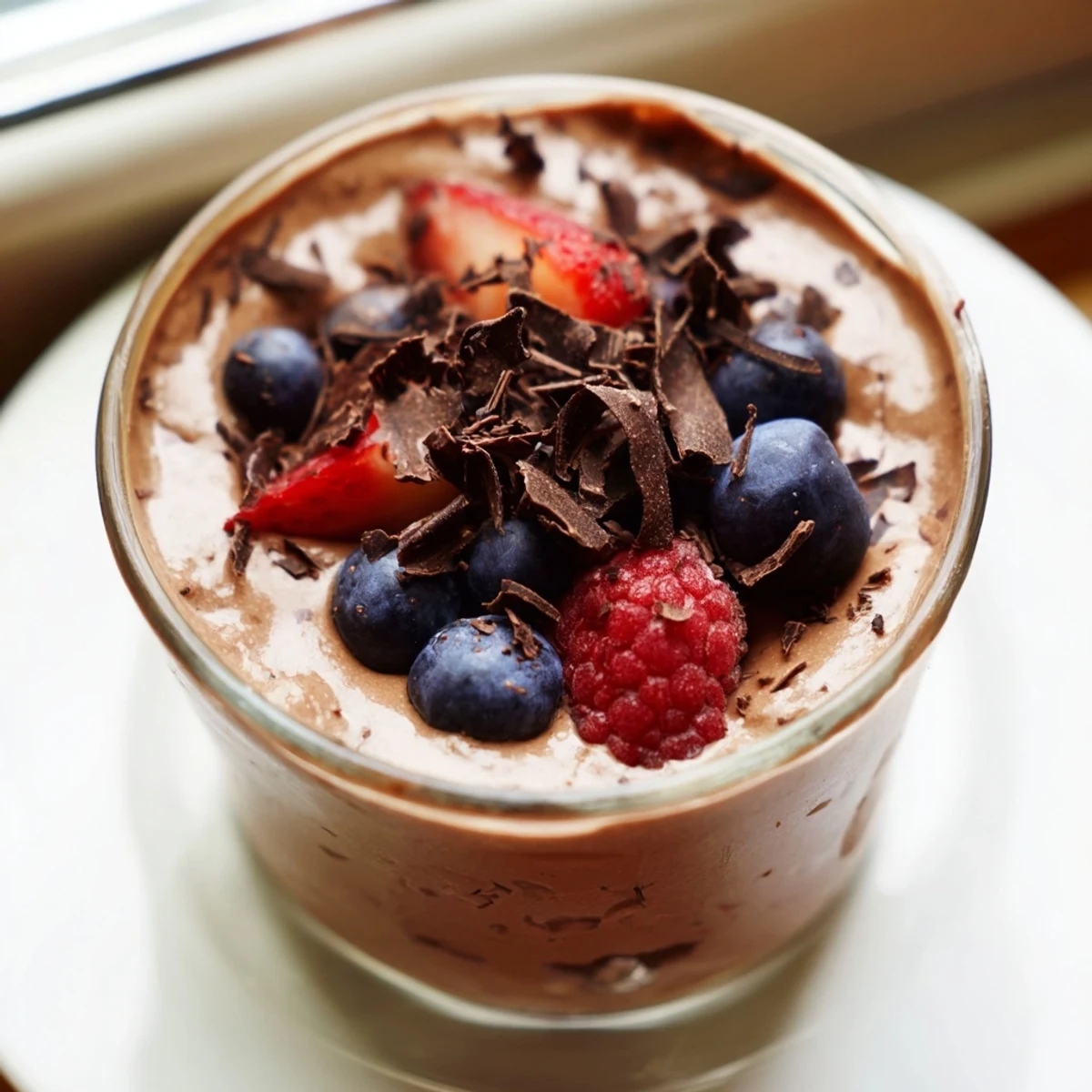 Healthy chocolate flaxseed pudding chilled and ready to serve with coconut whipped cream and nuts