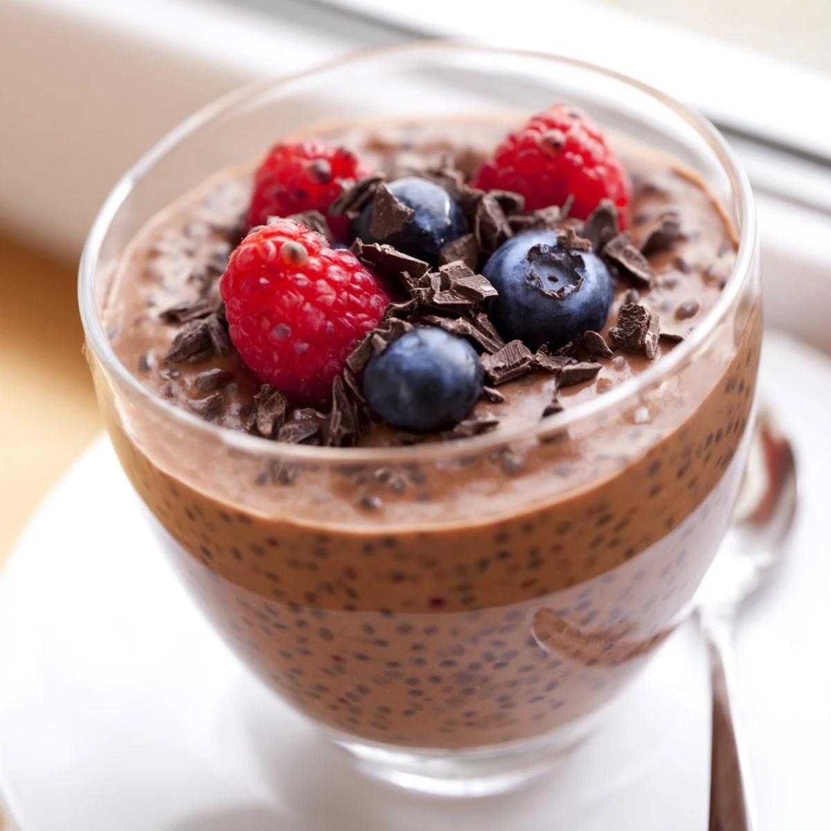 Rich chocolate flaxseed pudding dessert showing thick smooth texture garnished with whipped cream and berries