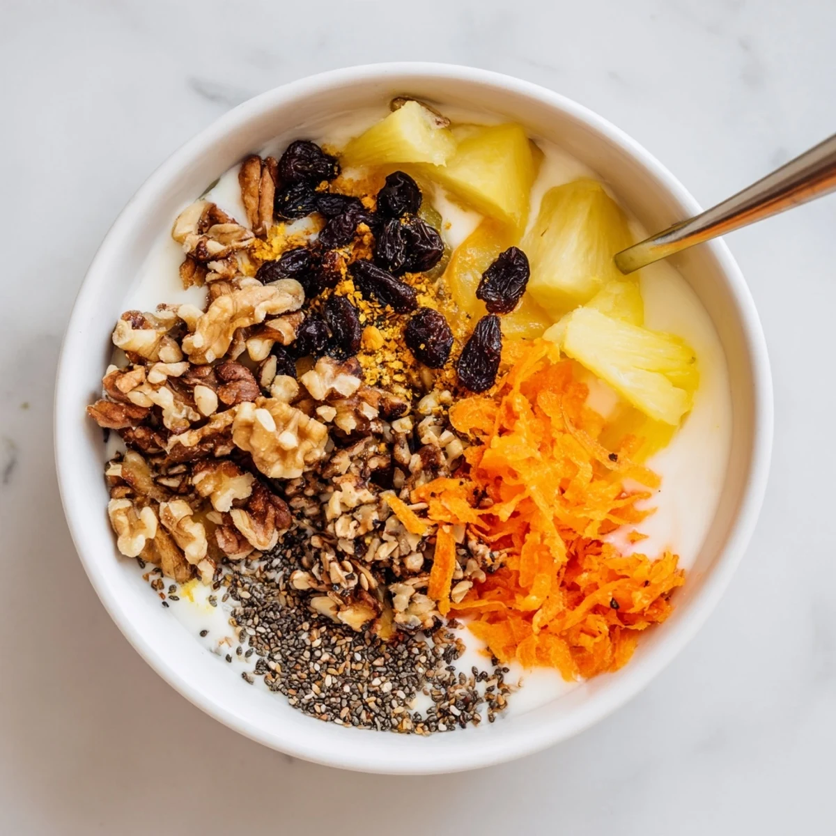 Creamy carrot cake yogurt bowl topped with grated carrots, walnuts, coconut flakes, and warm cinnamon spices
