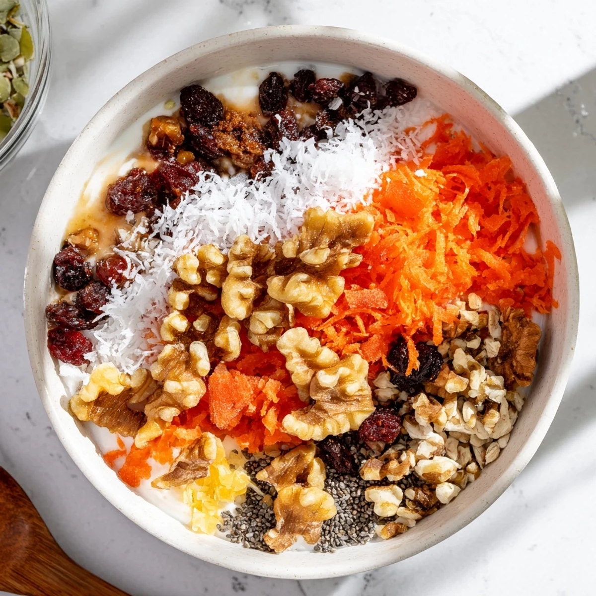 Healthy breakfast bowl featuring spiced Greek yogurt mixed with shredded carrots, crunchy granola, and sweet raisins