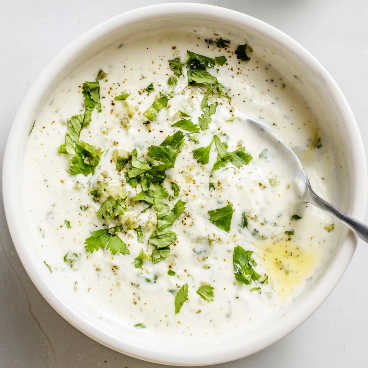 Bowl of tangy white sauce dip surrounded by golden tortilla chips and jalapeños