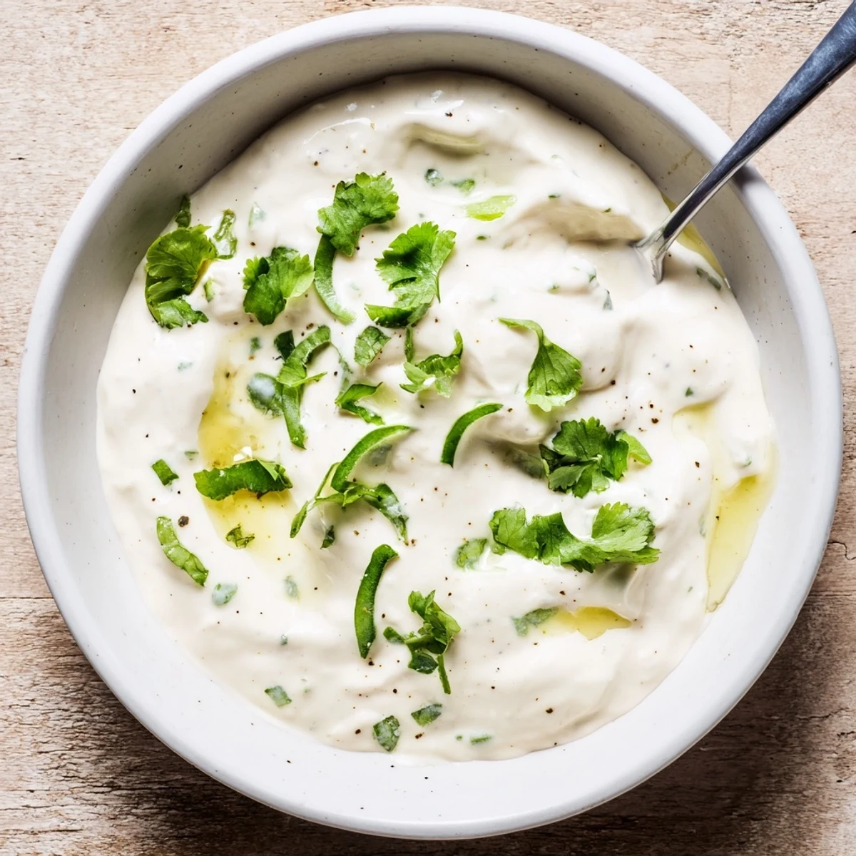 Thick white Mexican sauce spooned onto grilled chicken with lime wedge on side