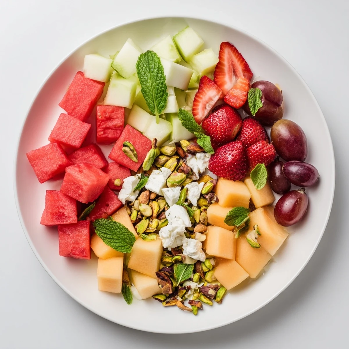 Refreshing mixed melon salad topped with crumbled feta, toasted pistachios, and torn herbs in a large glass serving bowl