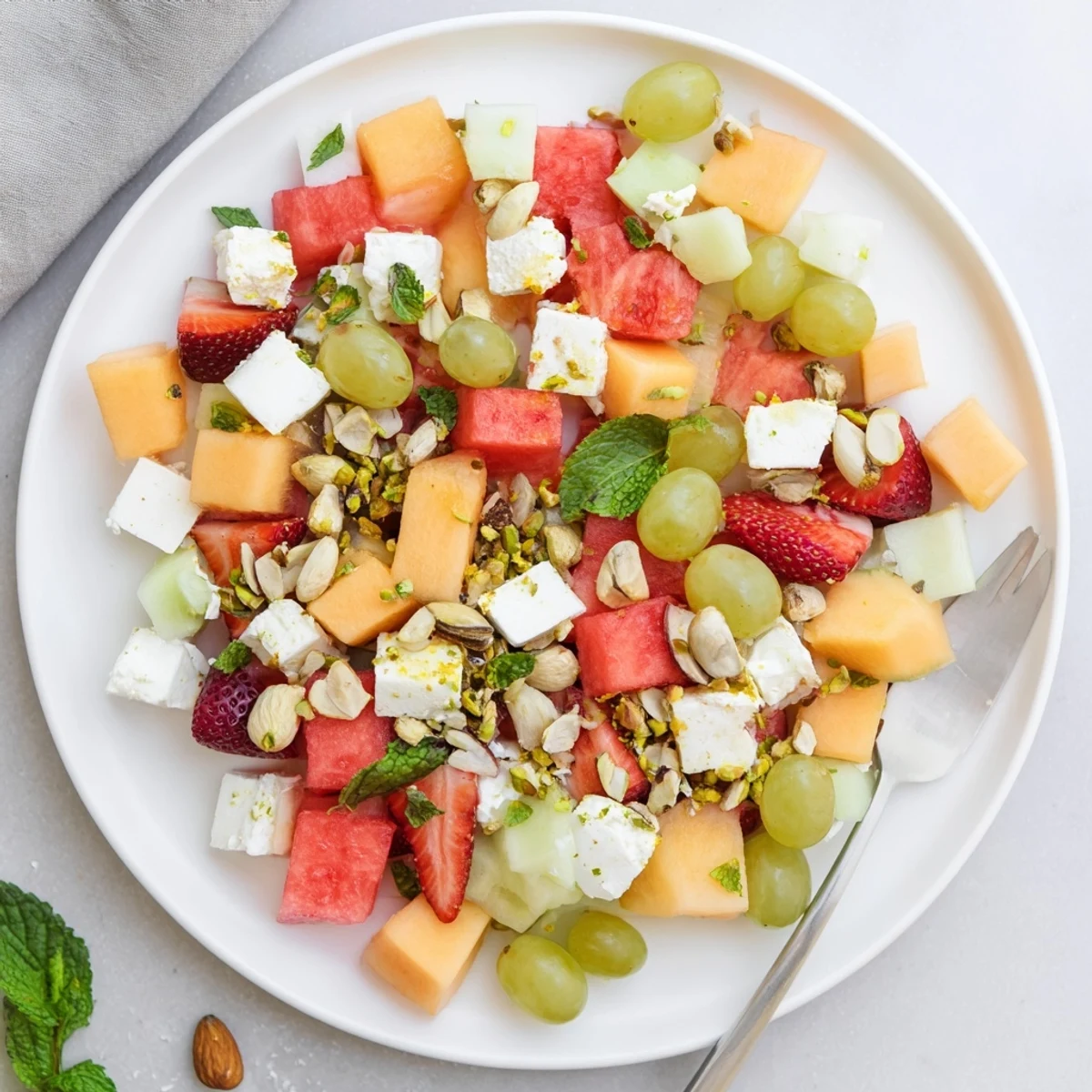 Colorful summer fruit salad with watermelon, cantaloupe, strawberries, feta cheese, and fresh mint drizzled with lime honey dressing