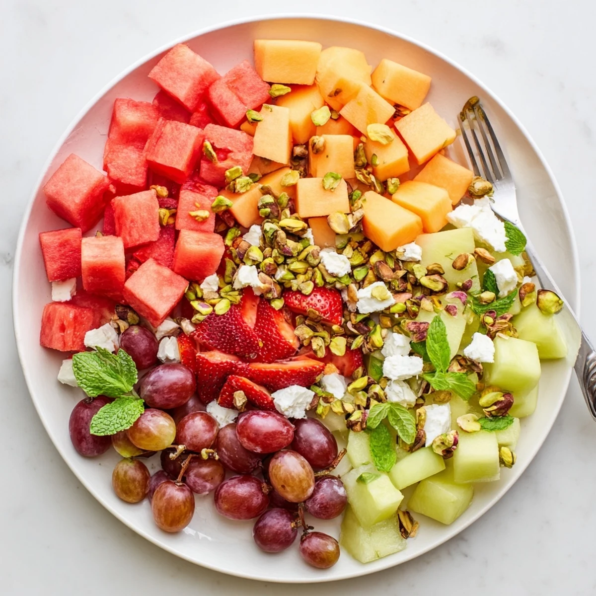 Vibrant bowl of cubed summer fruits tossed with tangy feta, crunchy nuts, and bright basil for a light seasonal side