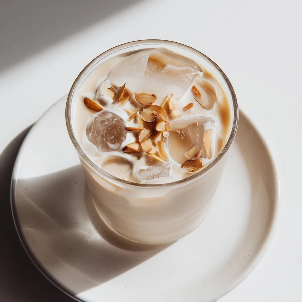 Chilled glass of refreshing summer roasted almond milk drink topped with cream and ice cubes