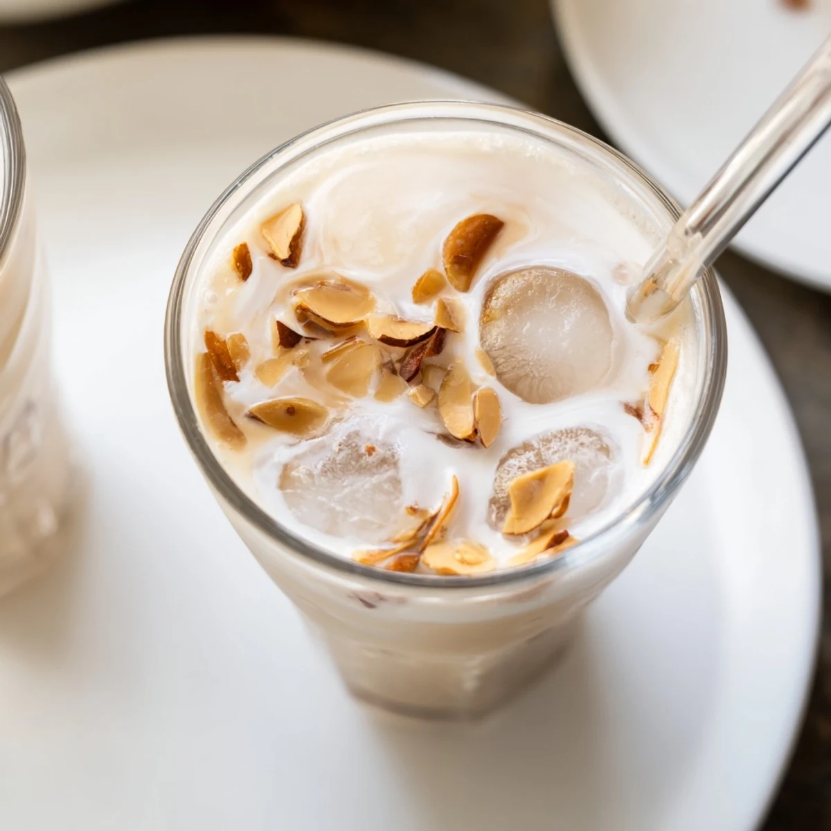Creamy roasted almond milk drink with honey vanilla flavor served over ice in a clear glass