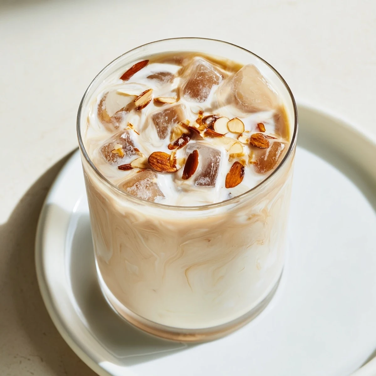 Golden brown roasted almonds blended into refreshing nutty milk drink with cream swirl and ice garnish