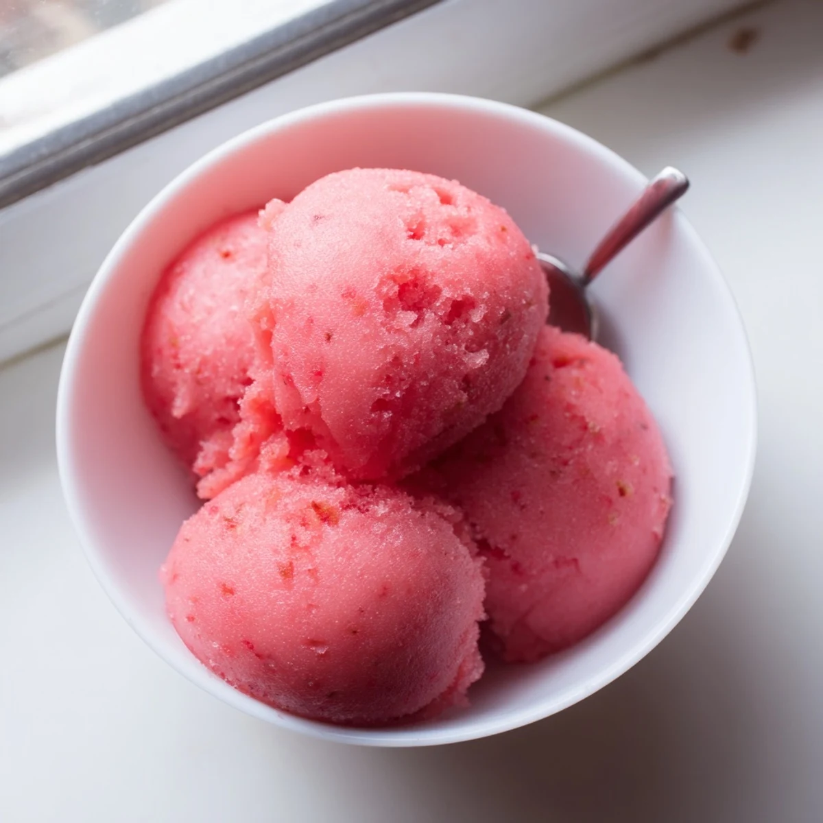 Pink watermelon sorbet scooped into chilled bowl garnished with fresh lime wedges and mint on white background
