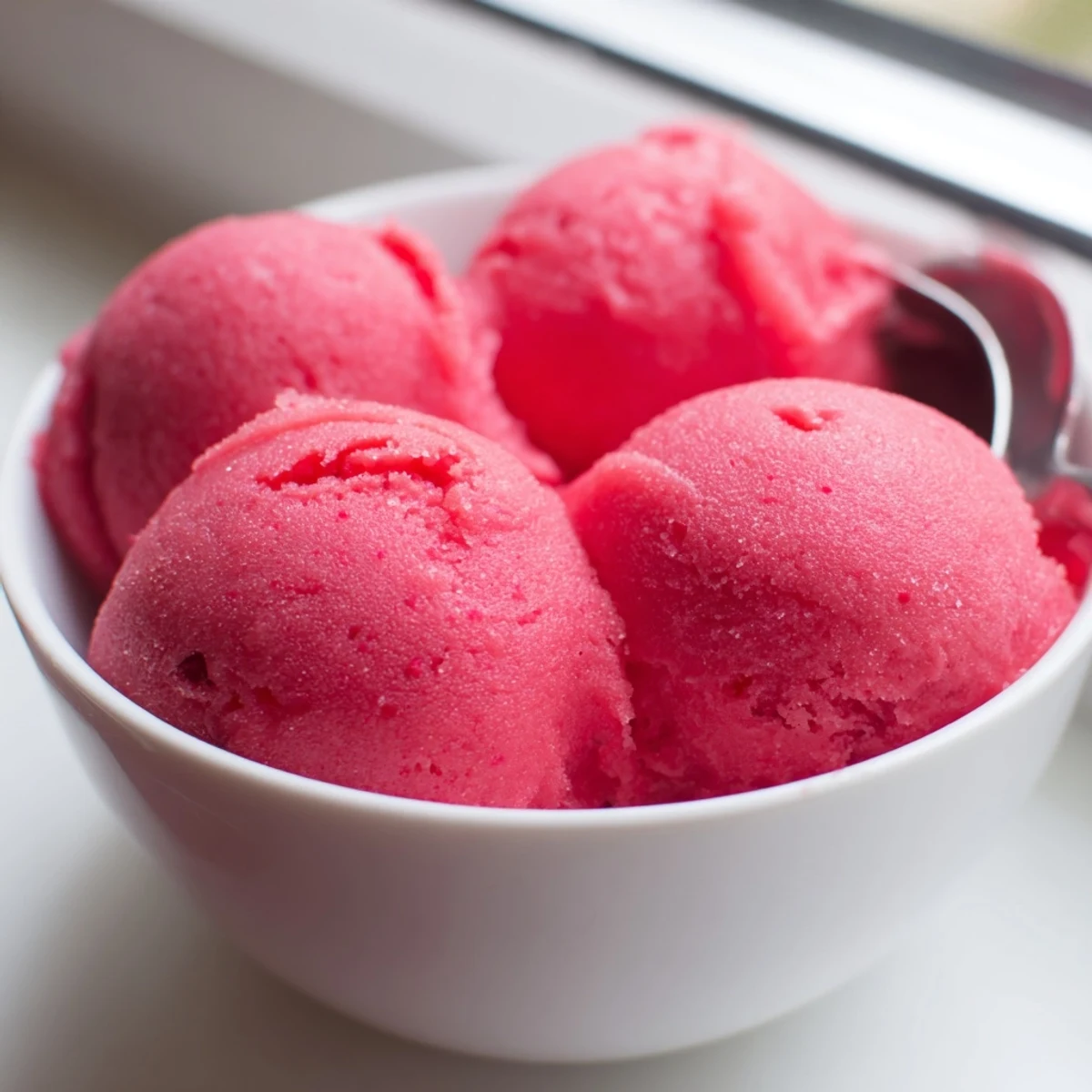 Close-up of refreshing watermelon sorbet melting slightly in vintage glass dish with zesty lime twist garnish