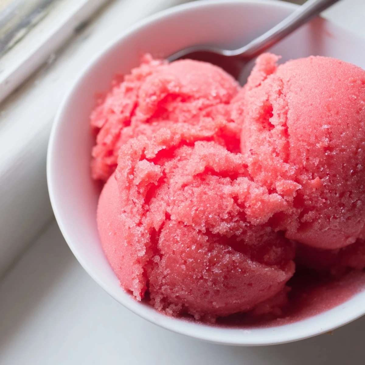 Summer dessert featuring vibrant watermelon sorbet swirls topped with mint leaf in rustic ceramic bowl