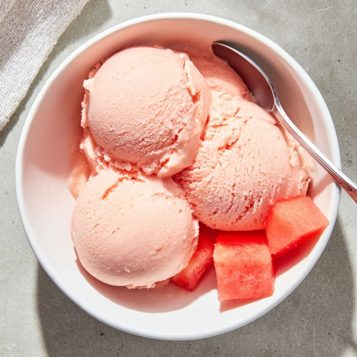 Creamy watermelon ice cream scooped into a bowl with fresh mint garnish
