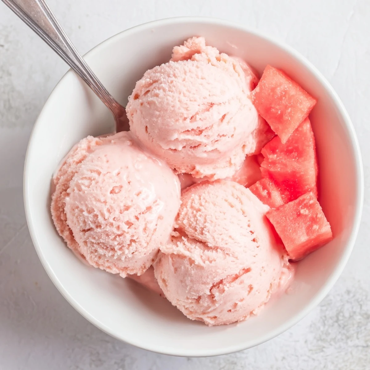 Homemade watermelon ice cream with chunks of fresh fruit on a white plate