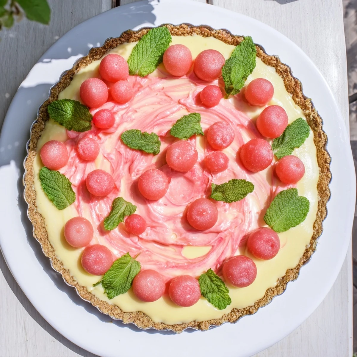 Frozen watermelon lemon cream tarts in crisp graham cracker shells topped with fresh mint and watermelon garnish
