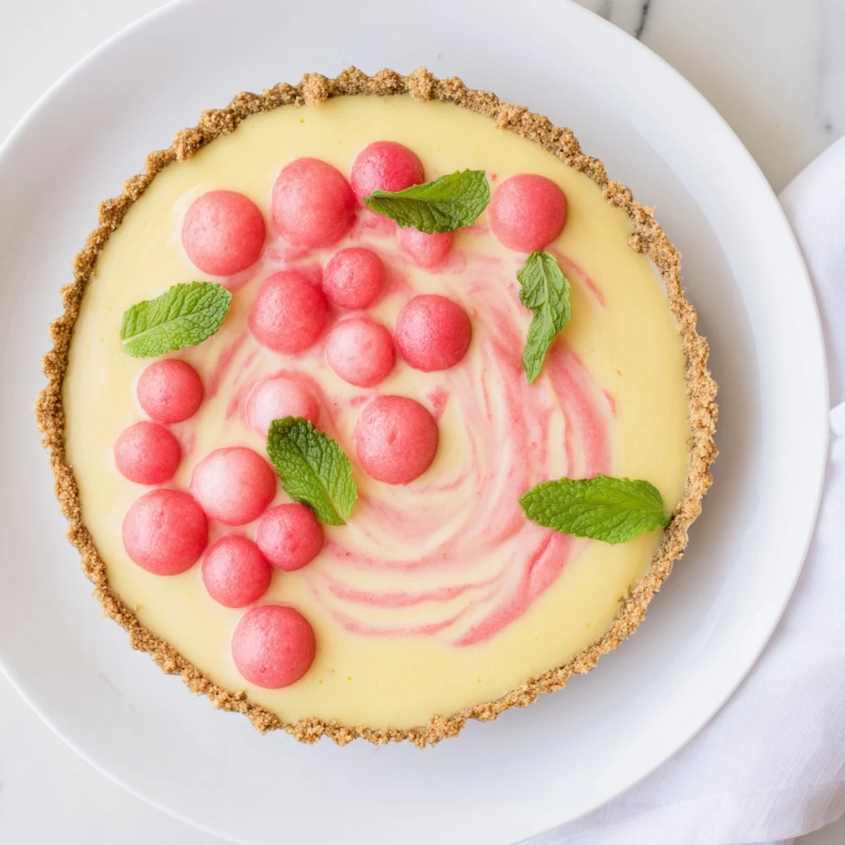 Pink and white marbled frozen dessert tarts featuring watermelon purée and tangy lemon cream in graham crusts