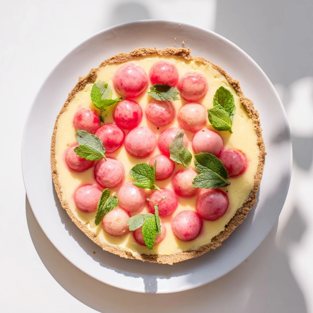 Swirled watermelon and lemon cream filling in golden tart shells, garnished with zest and mint leaves