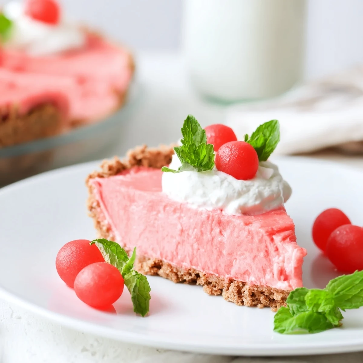 Chilled watermelon pie with graham cracker crust and fluffy whipped cream topping garnished with fresh watermelon slices and mint