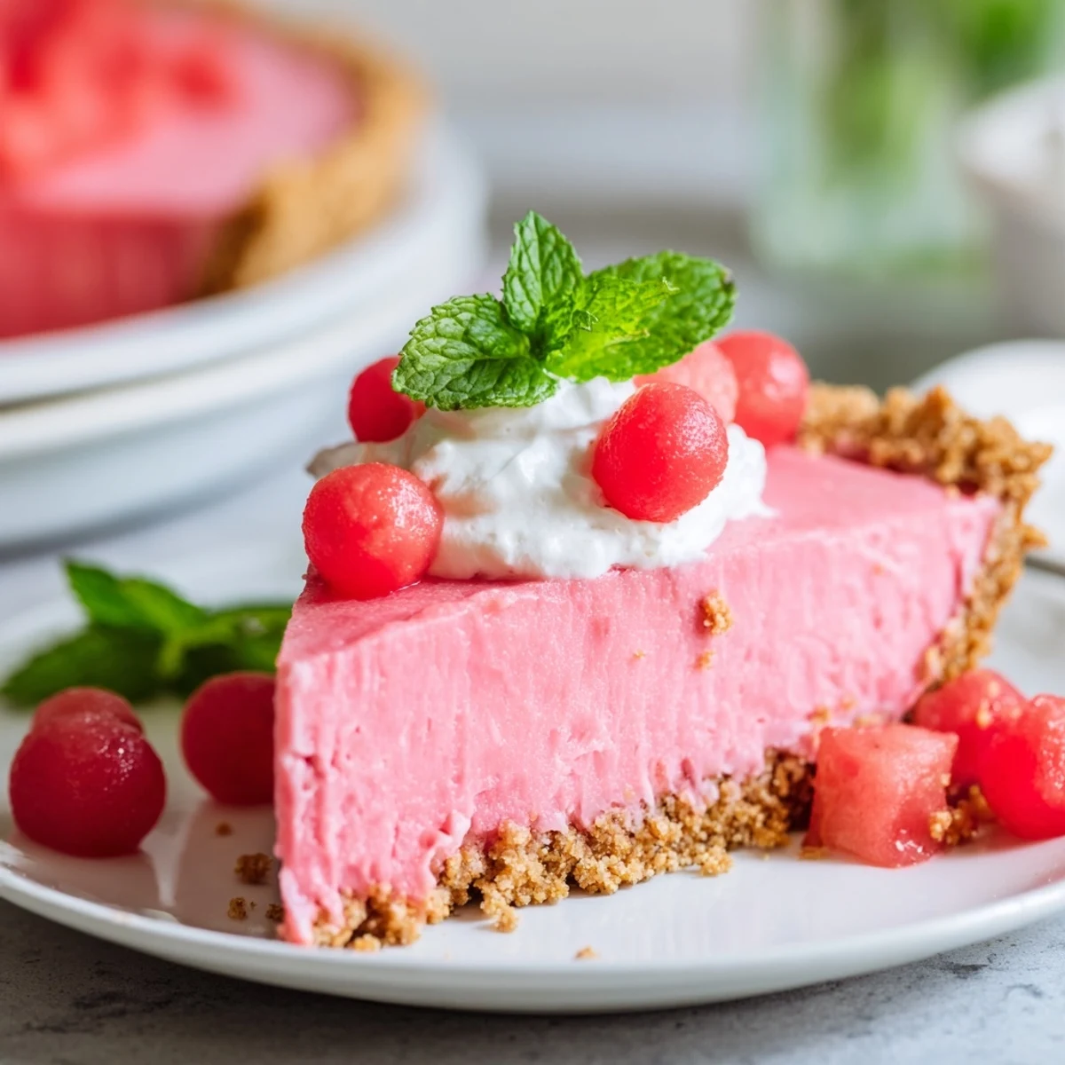 Summer watermelon pie dessert showcasing vibrant pink filling in a buttery crust topped with billowy whipped cream and fresh fruit