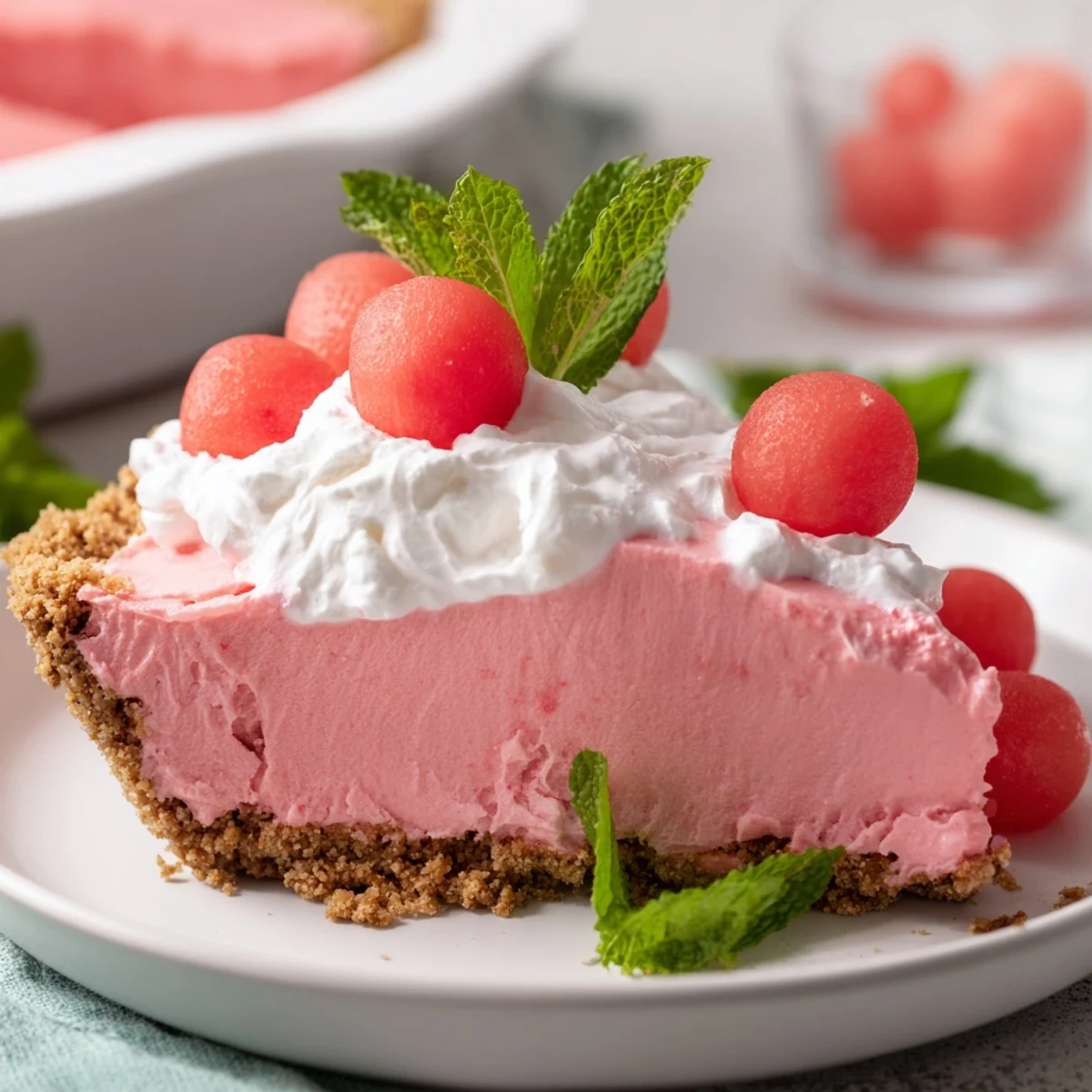 Refreshing watermelon pie slice on white plate featuring creamy pink filling with graham cracker base and watermelon garnish