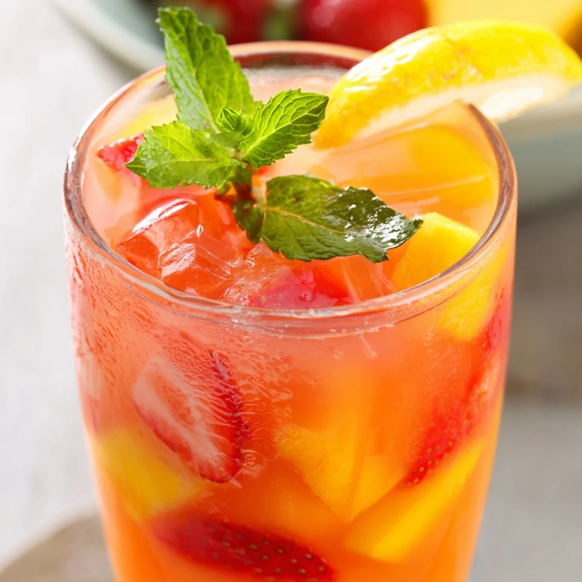 Golden mango strawberry lemonade in a glass pitcher garnished with fresh mint leaves and ice cubes on a sunny wooden table