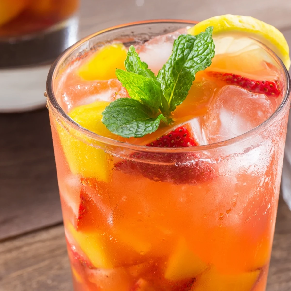 Tall glass of refreshing mango strawberry lemonade with blended mango puree swirled with strawberry chunks and topped with lemon wheels