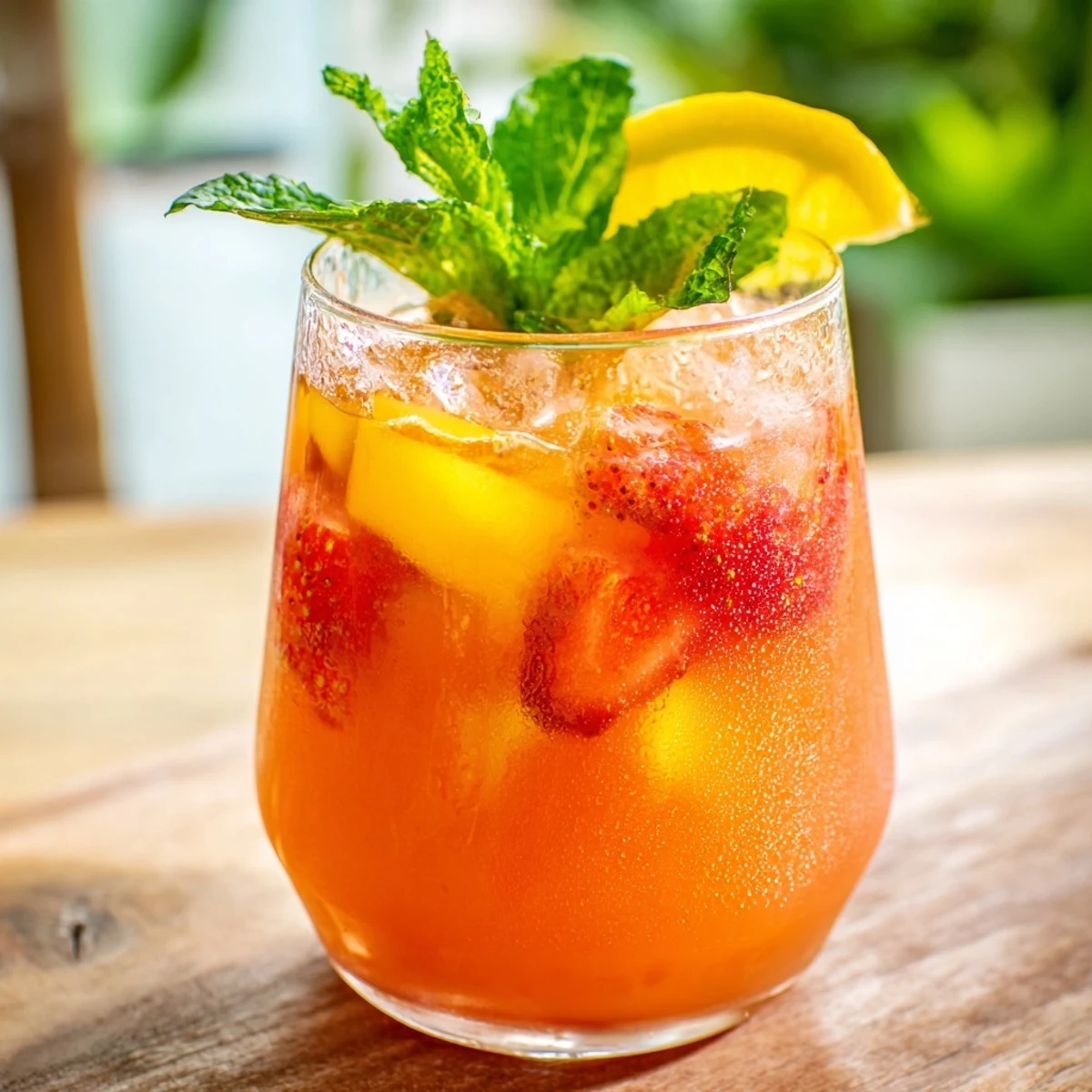 Vibrant yellow mango strawberry lemonade poured over ice with floating fruit slices and mint sprigs for summer refreshment