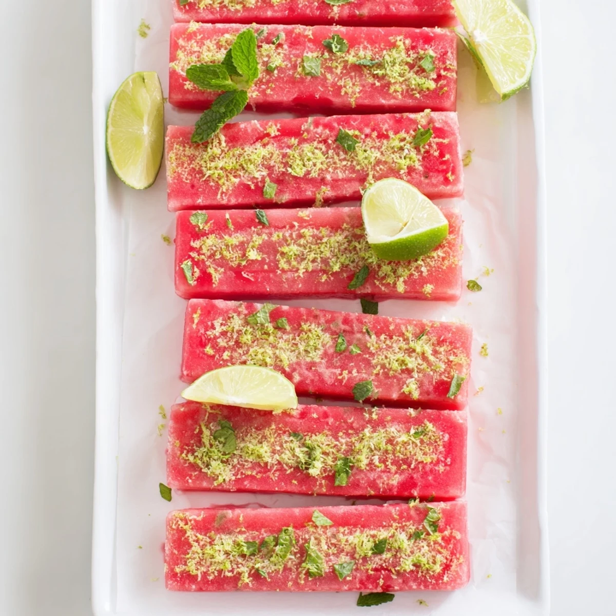 Frozen watermelon lime bars garnished with fresh mint on a white serving plate