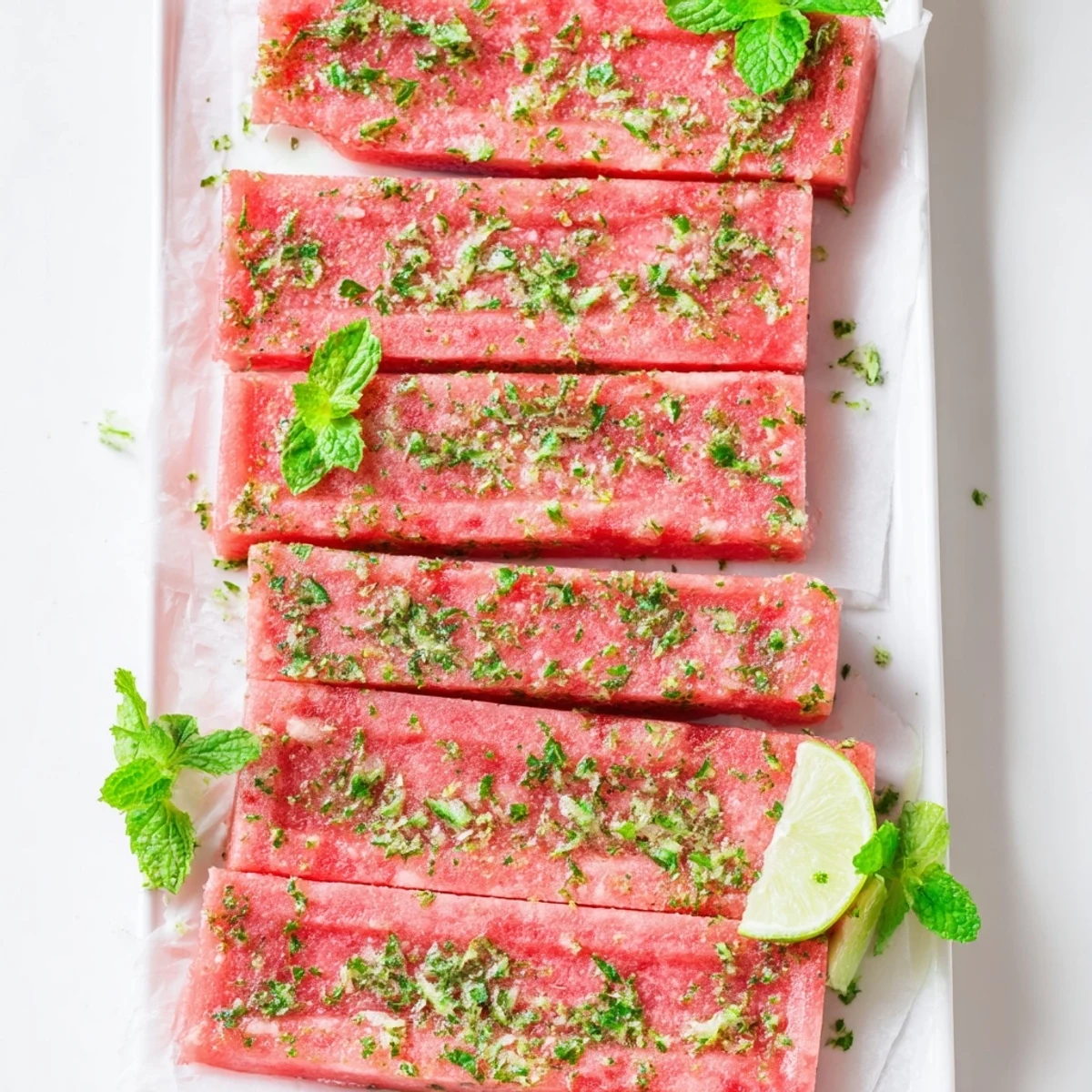 Vibrant pink frozen dessert bars featuring refreshing watermelon and zesty lime flavors