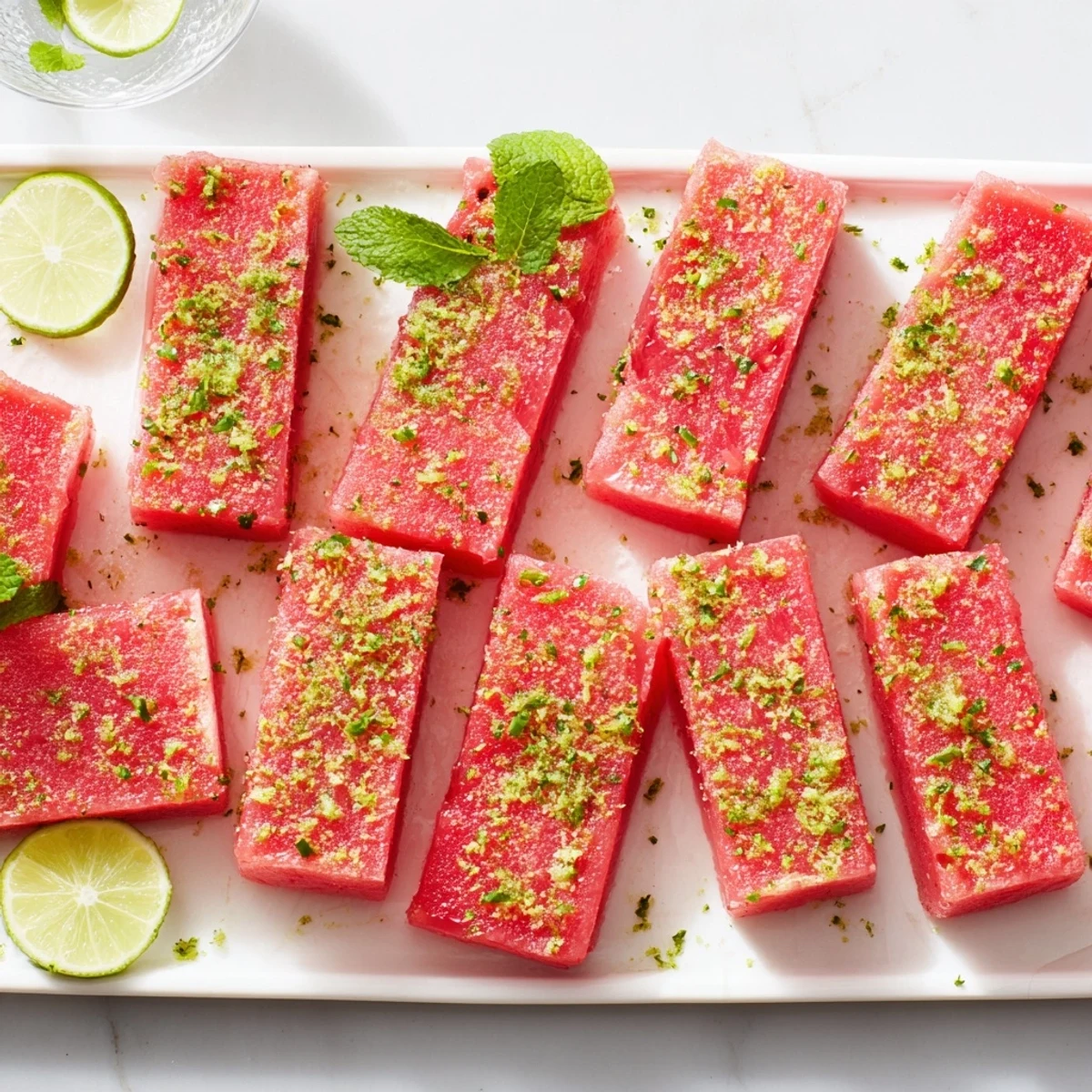 Refreshing watermelon lime bars cut into squares topped with lime wedges and mint