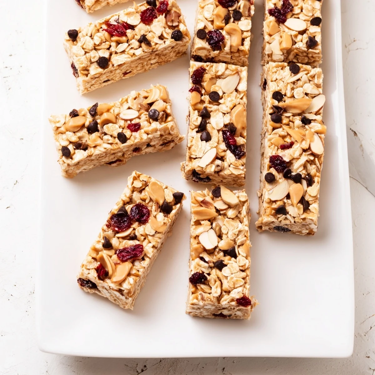 Golden no bake oat bars studded with chocolate chips and cranberries in a square pan
