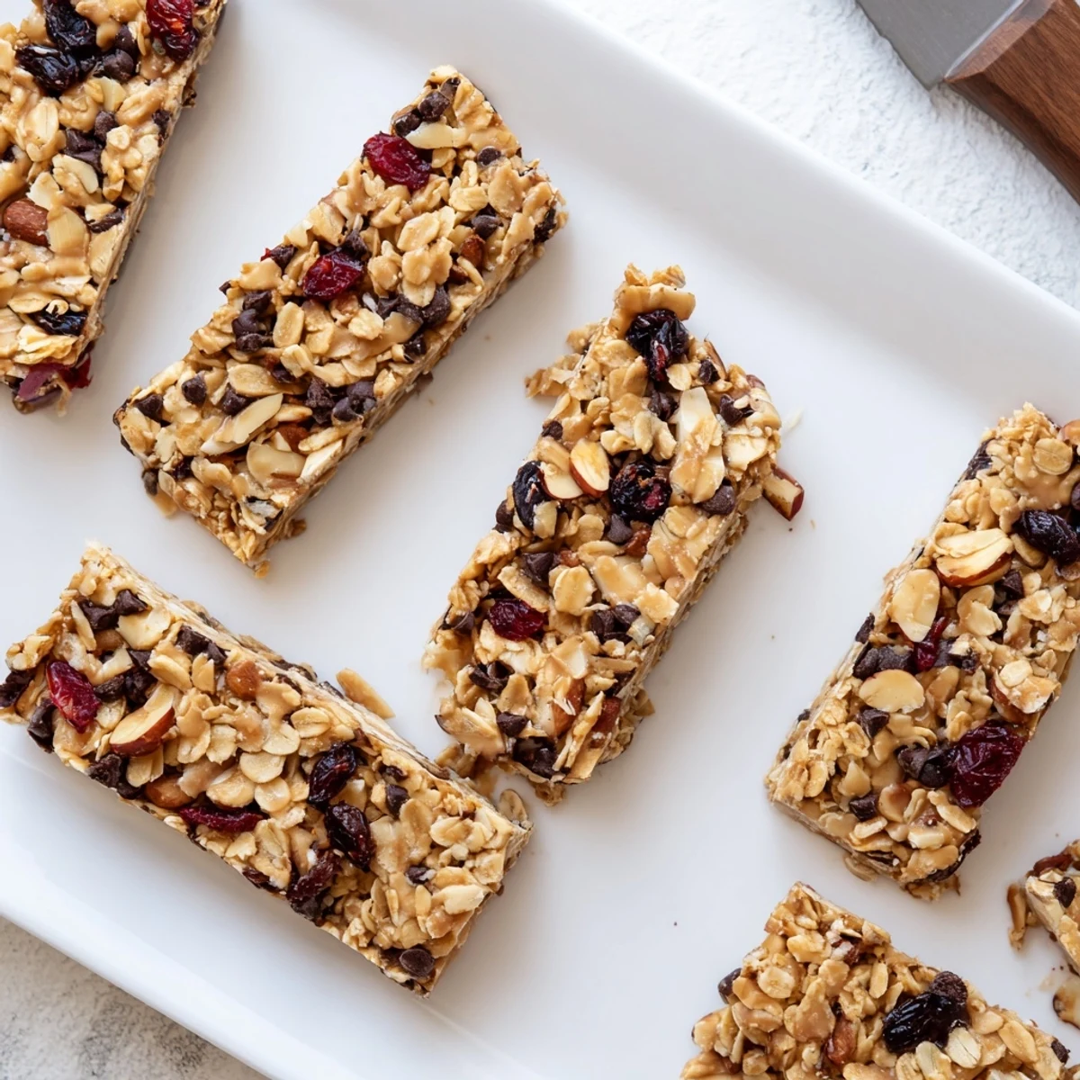 Chewy peanut butter honey oat bars cut into squares with dried fruit and nuts