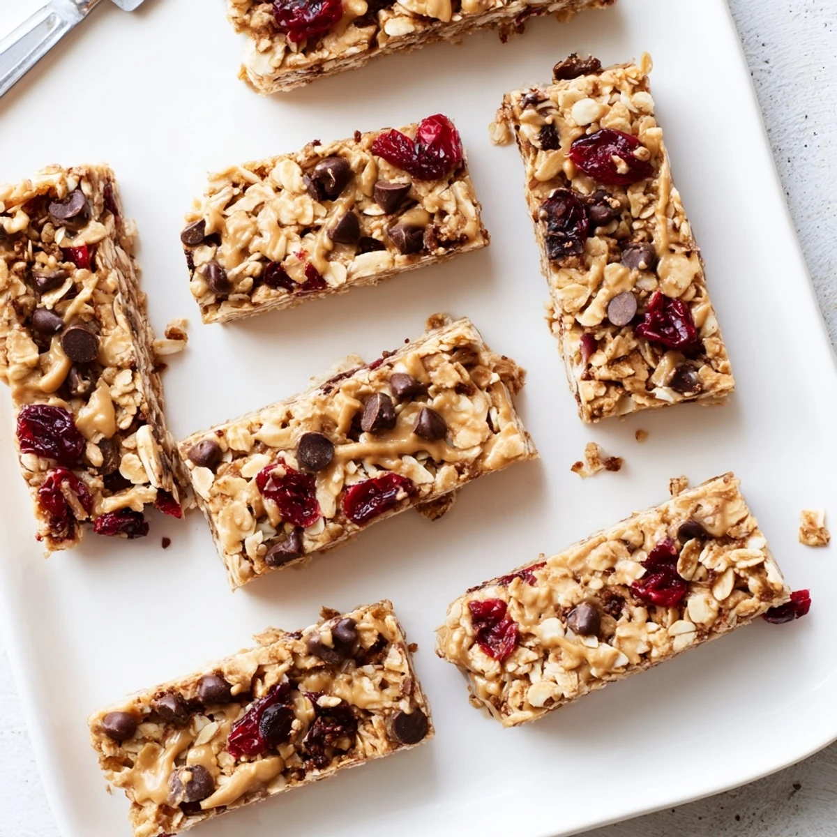 Wholesome oat snack bars with glossy peanut butter coating topped with chocolate and cranberries