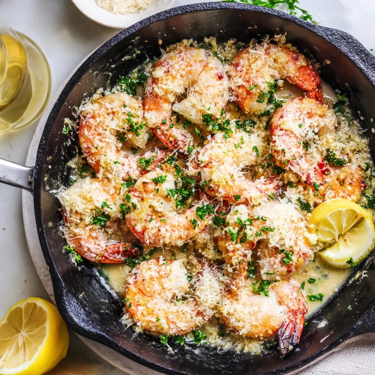 Golden shrimp coated in melted parmesan and garlic butter garnished with fresh parsley