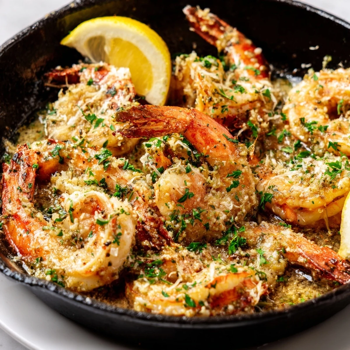 Ruth's Chris Garlic Parmesan Shrimp Skillet sizzling in a cast iron with lemon wedges