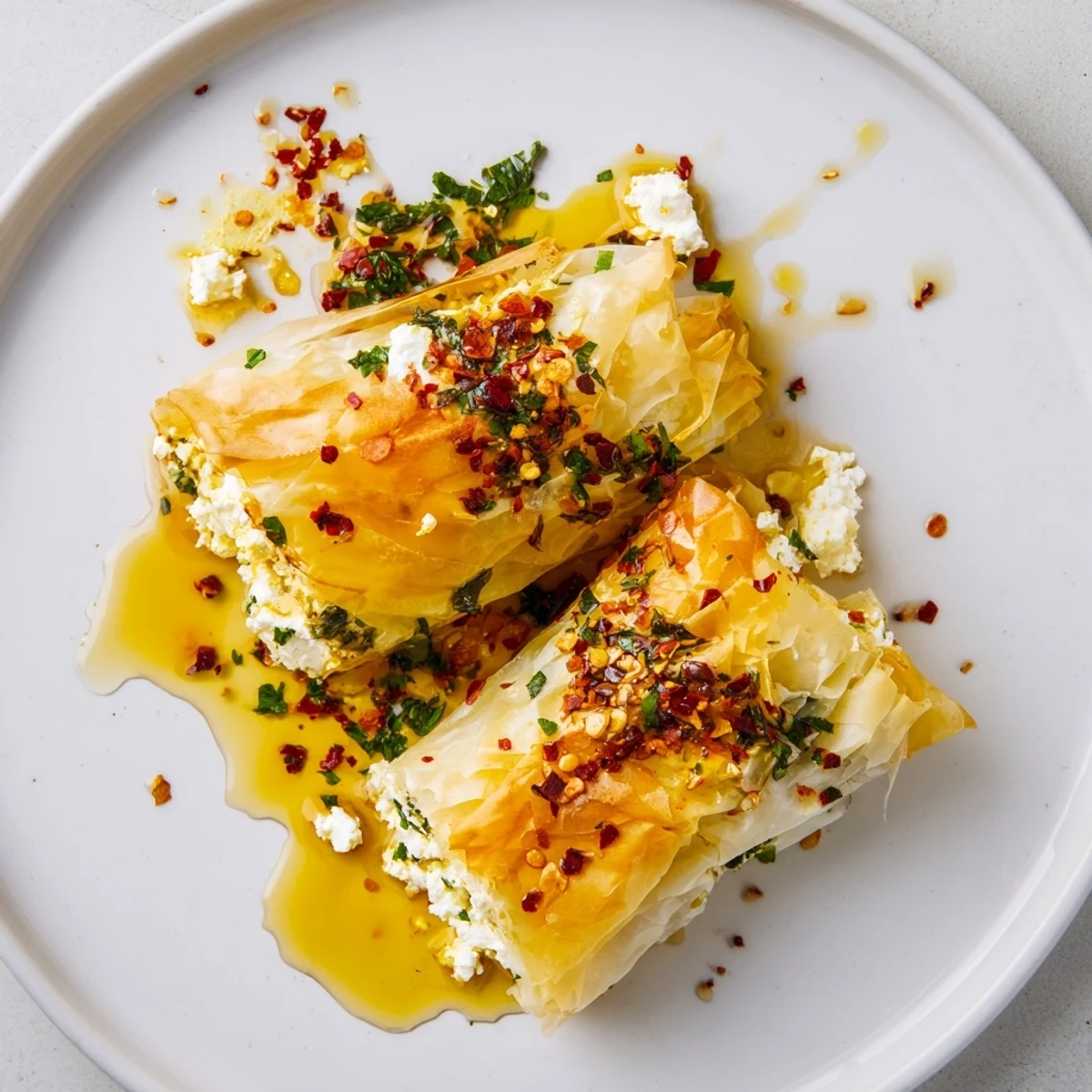 Crisp baked phyllo rolls stuffed with creamy feta cheese topped with sweet red chili honey glaze