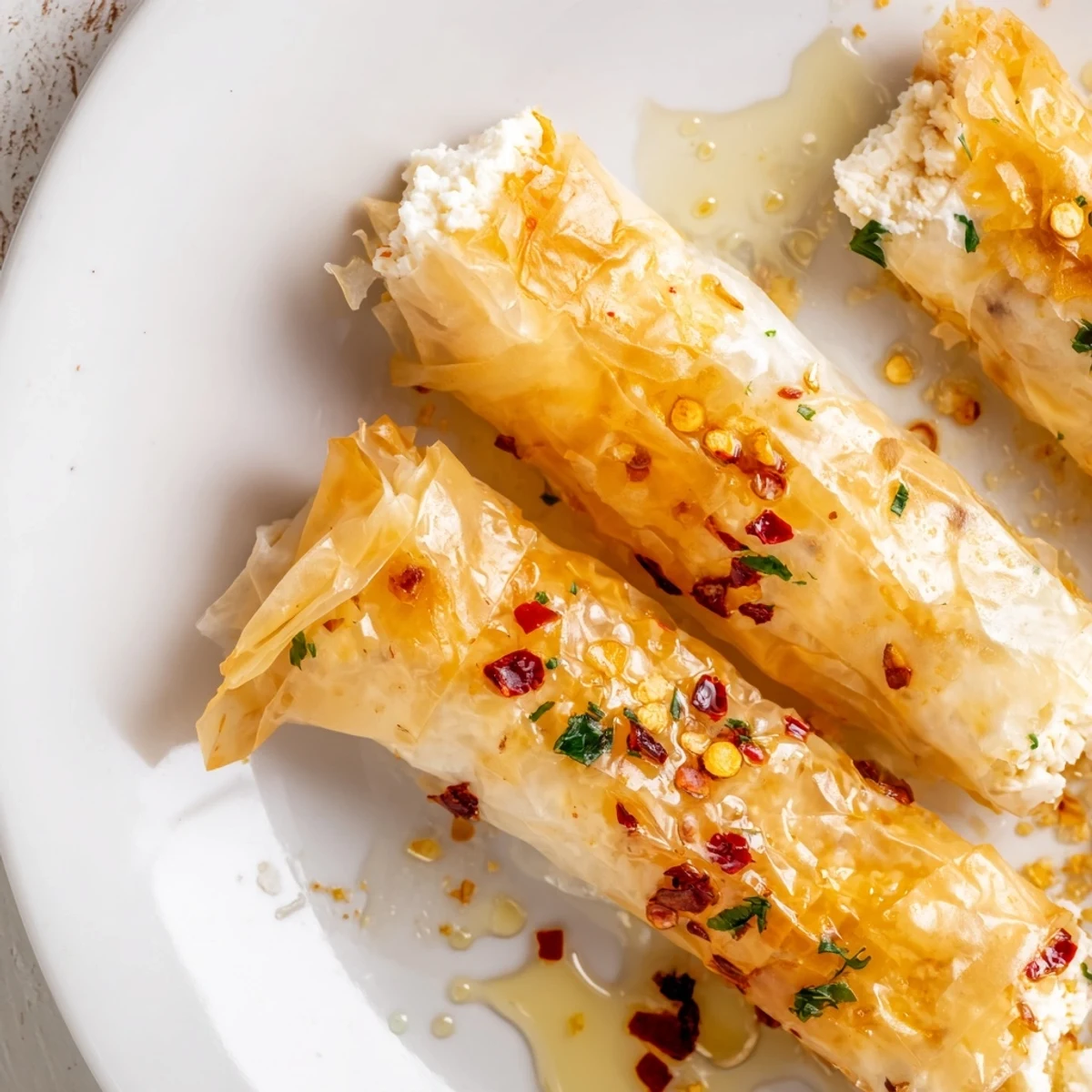 Mediterranean appetizer of golden feta rolls brushed with olive oil and coated in warm honey chili sauce