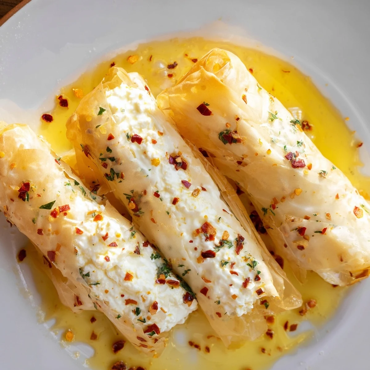 Golden oven fried feta rolls drizzled with spicy chili honey on a white serving plate