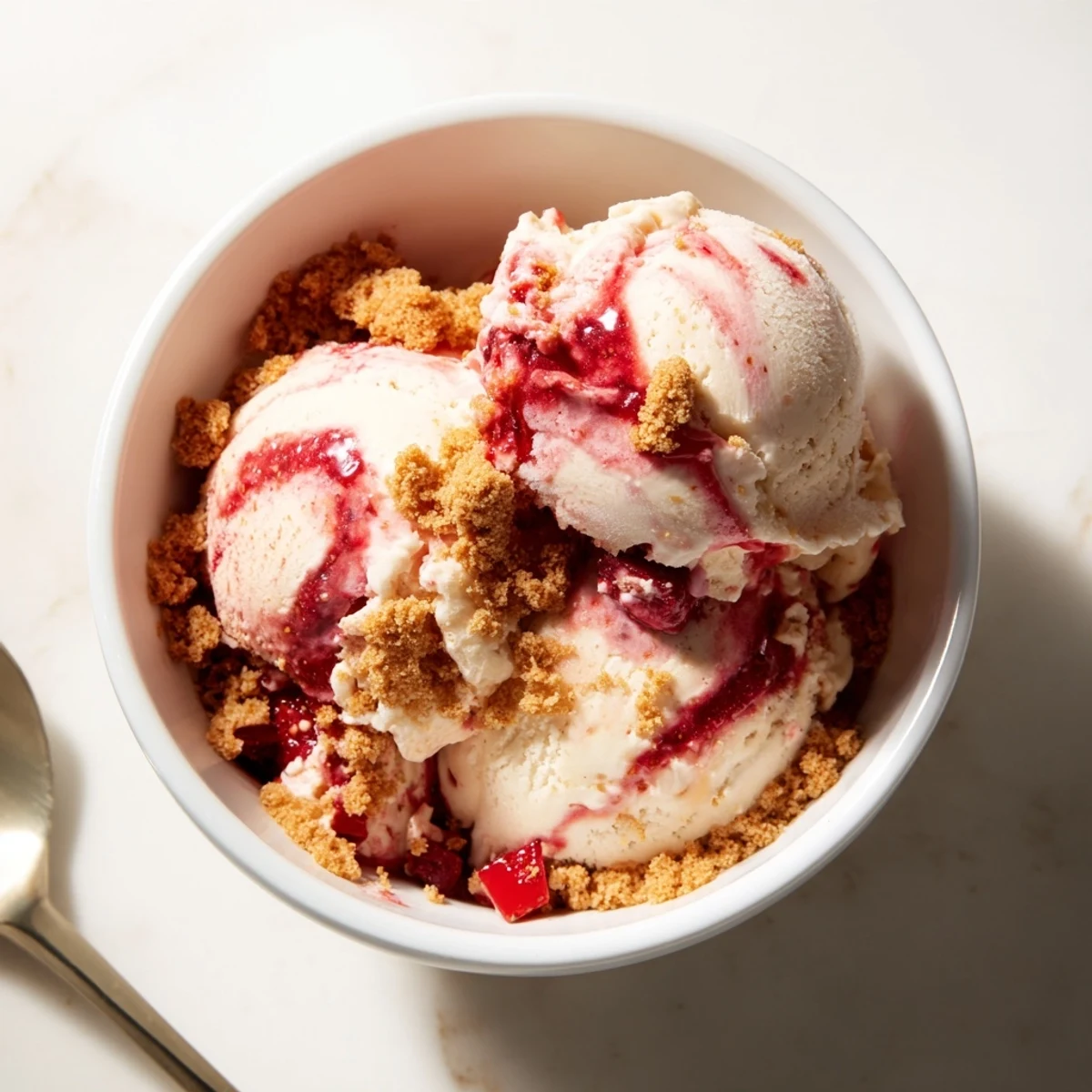 Creamy homemade churn strawberry cheesecake ice cream topped with graham cracker crumble and fresh strawberry swirl