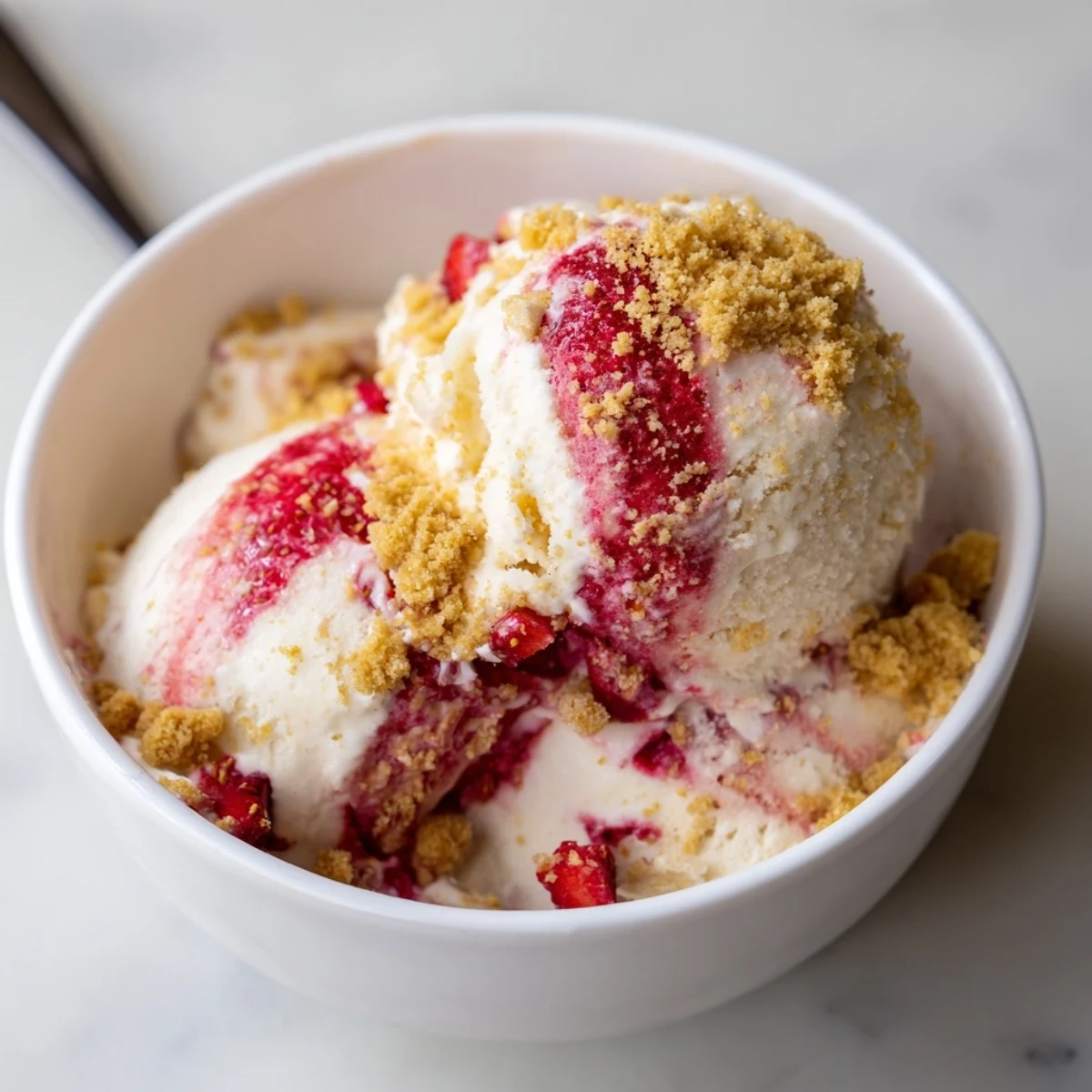 Rich strawberry cheesecake ice cream scooped into a bowl with red berry ribbons and golden crumbs
