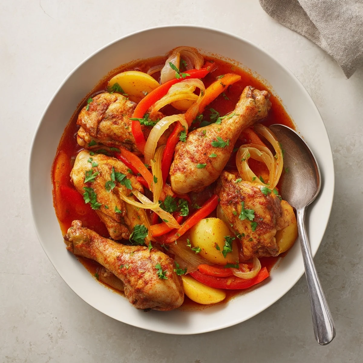 Golden Spanish chicken drumsticks stew simmered with tender vegetables and aromatic smoked paprika in a rich broth
