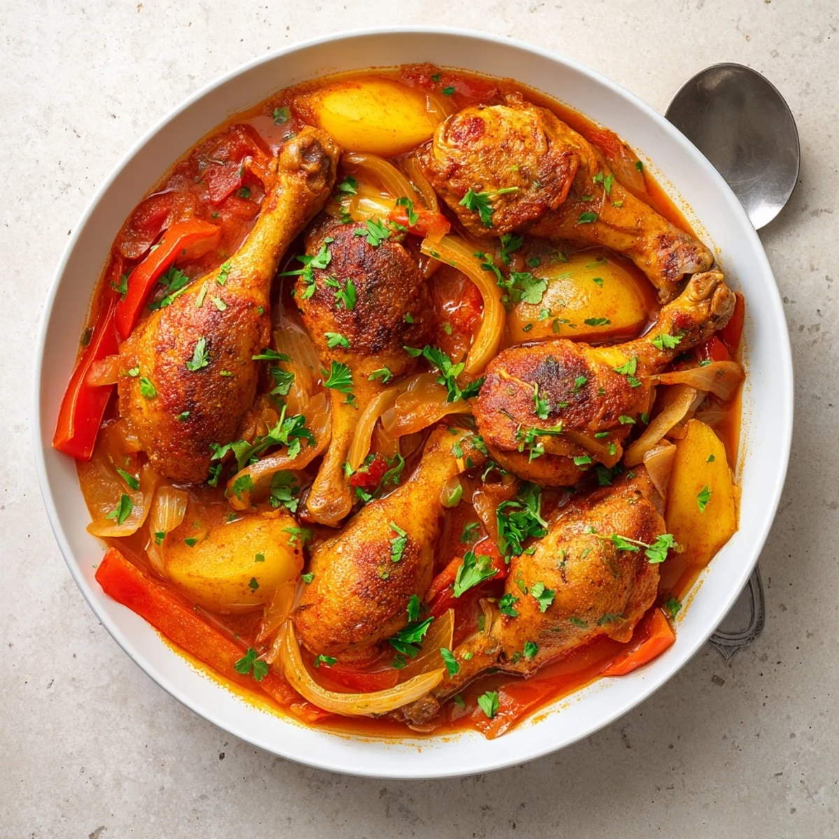 Hearty Spanish chicken drumsticks stew brimming with colorful vegetables and garnished with fresh chopped parsley
