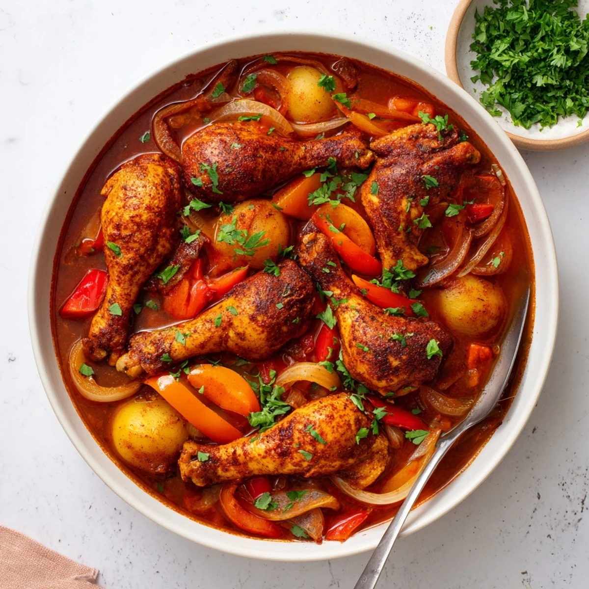 Rustic Spanish chicken drumsticks stew featuring tender meat nestled with potatoes, bell peppers, and fragrant spices