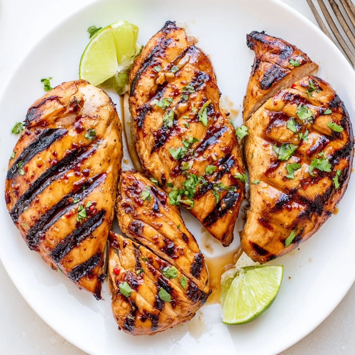 Sliced Grilled Spicy Honey Lime Chicken on platter with lime wedges, warm steam.