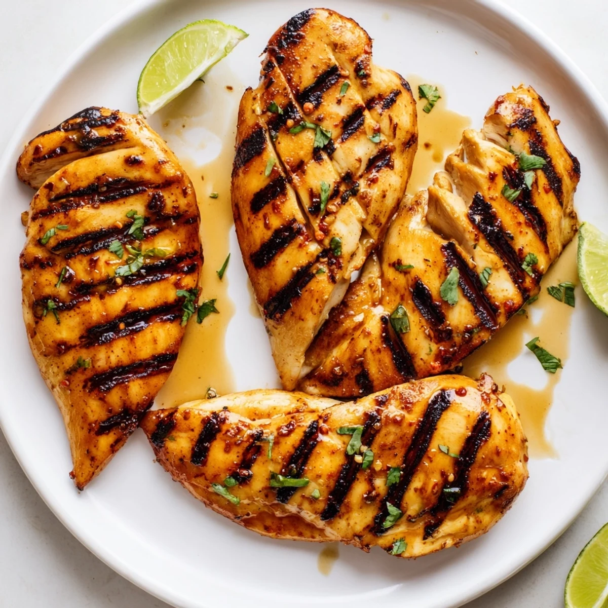 Smoky Grilled Spicy Honey Lime Chicken glazed in sticky sauce, served with grilled corn.
