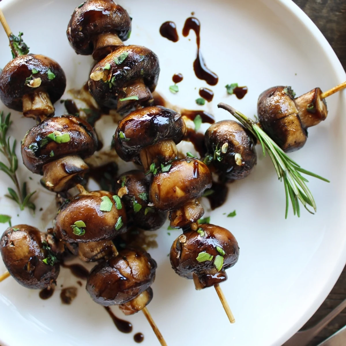 Balsamic Garlic Grilled Mushroom Skewers sizzling on the grill, browned and glazed
